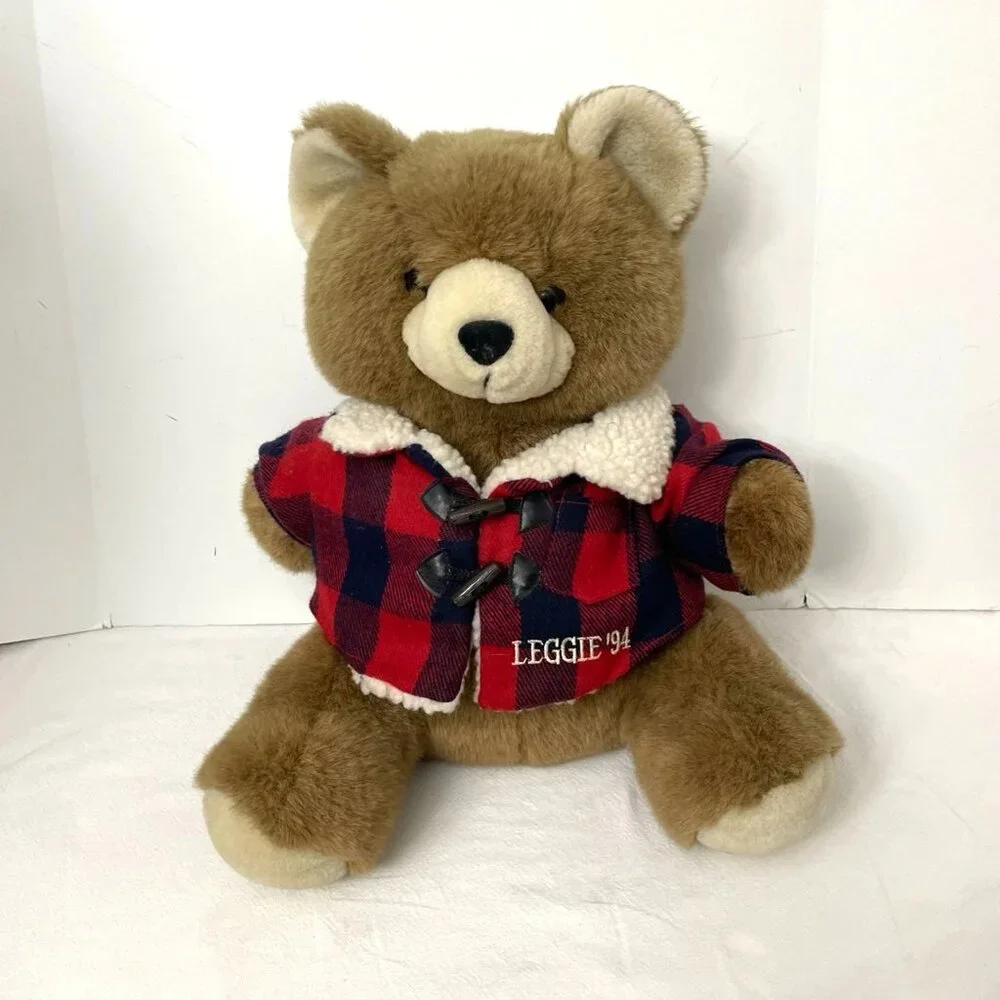 1994 Vintage LEGGIE Teddy Bear Plush‎ Brown Red & Black Buffalo Plaid Jacket